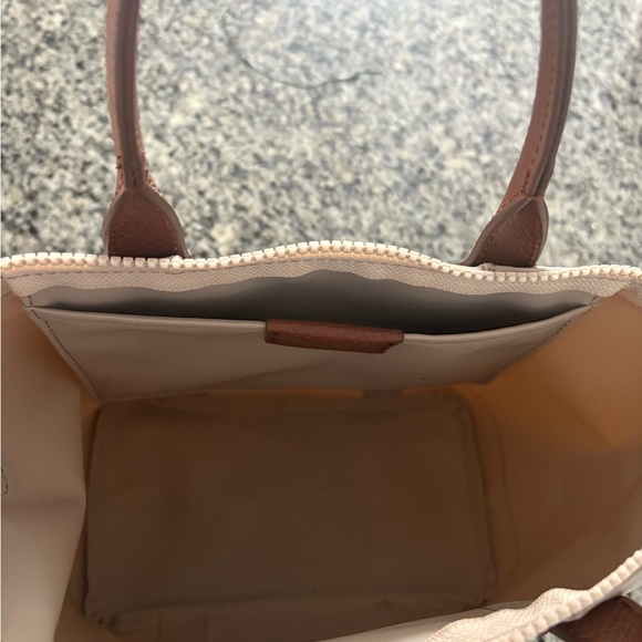 Harrods Beige Tote with Brown Leather Handles and Gold Button - Picture 3 of 8